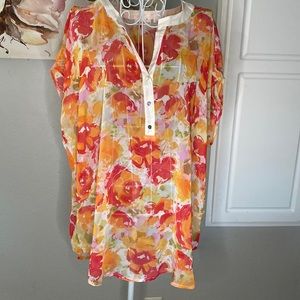 Liz Claiborne floral Red Orange short sleeve blouse XL